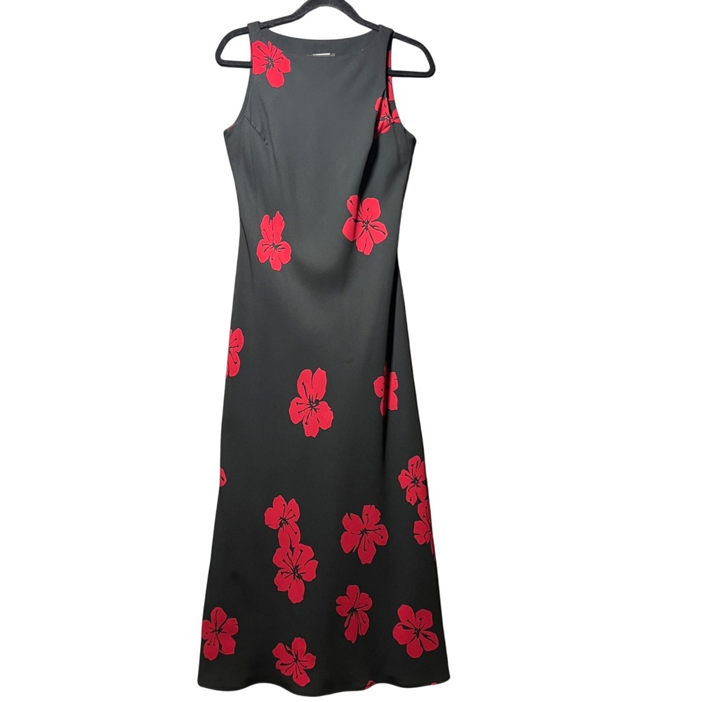 Vintage 90s SL‎ Fashions Black Red Hibiscus Floral Sleeveless Maxi Dress Size 10